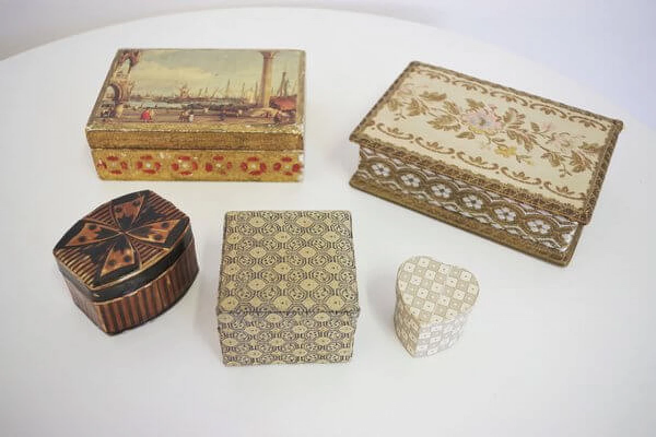 5 Venice boxes in fabric and wood, 1970s 1407134