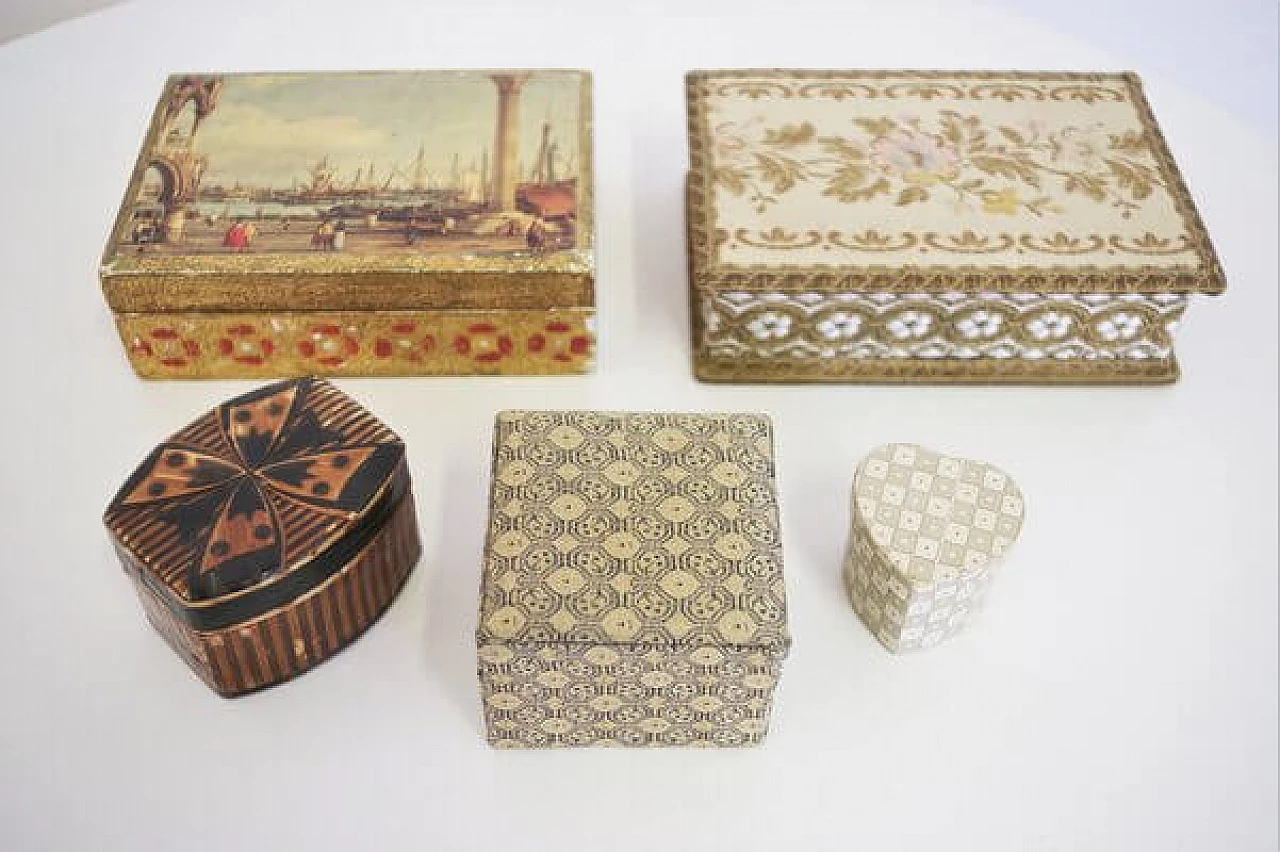 5 Venice boxes in fabric and wood, 1970s 1407136