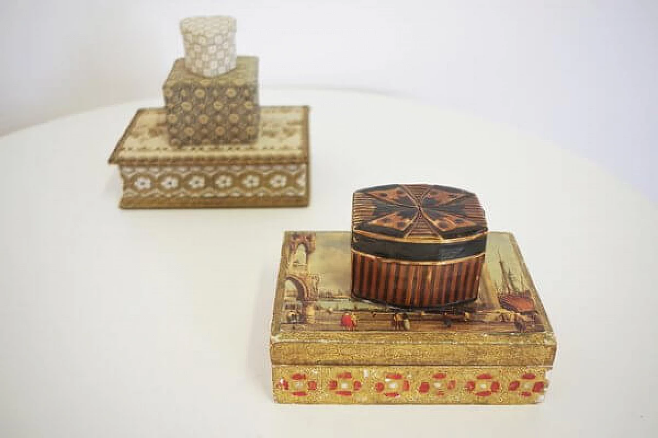 5 Venice boxes in fabric and wood, 1970s 1407147