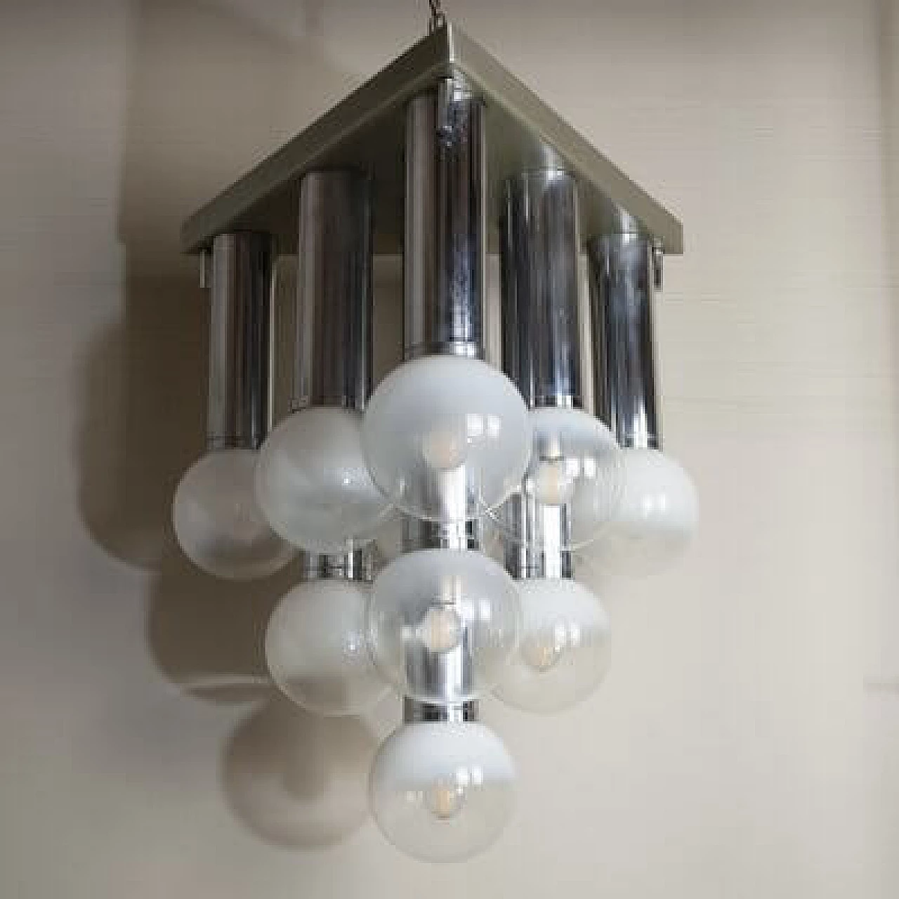 Steel and satin glass chandelier, 1970s 1407416