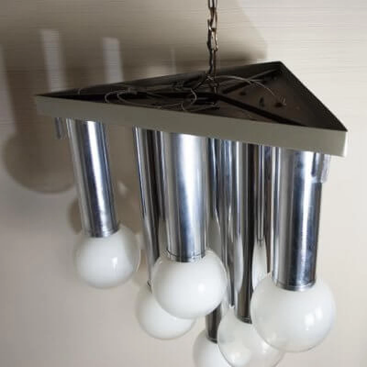 Steel and satin glass chandelier, 1970s 1407429