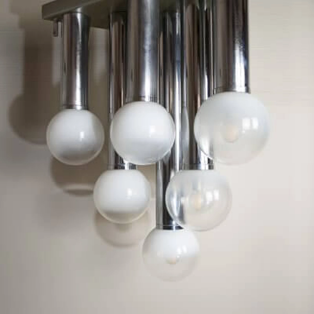 Steel and satin glass chandelier, 1970s 1407431