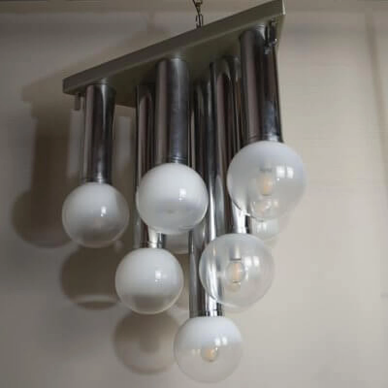 Steel and satin glass chandelier, 1970s 1407433