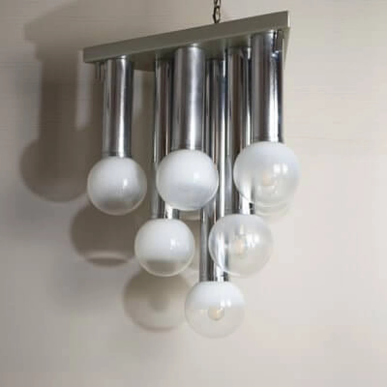 Steel and satin glass chandelier, 1970s 1407437