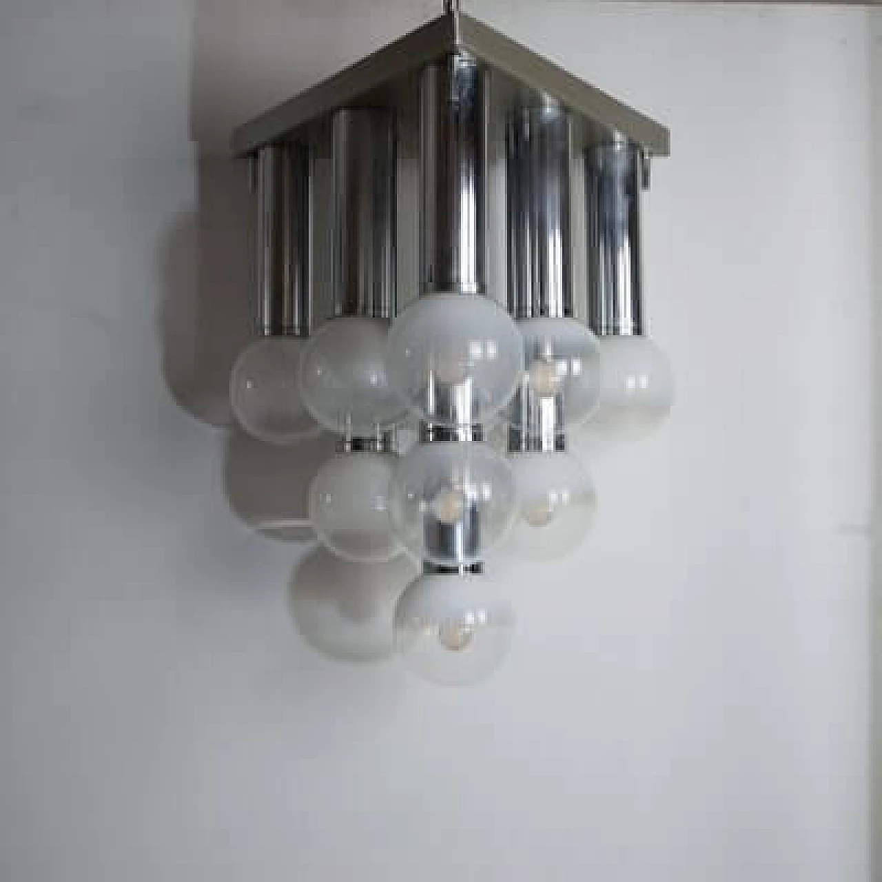 Steel and satin glass chandelier, 1970s 1407441