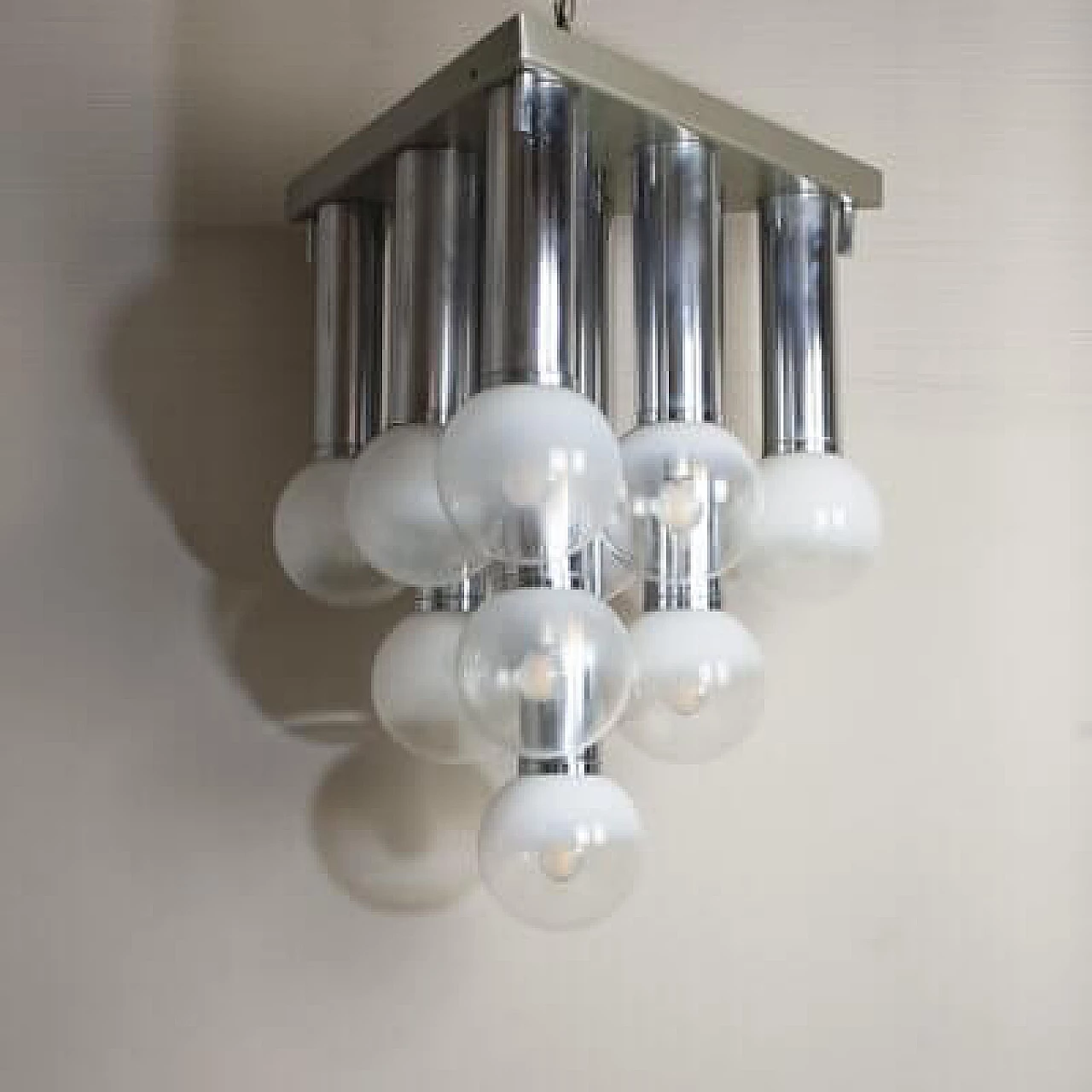 Steel and satin glass chandelier, 1970s 1407448