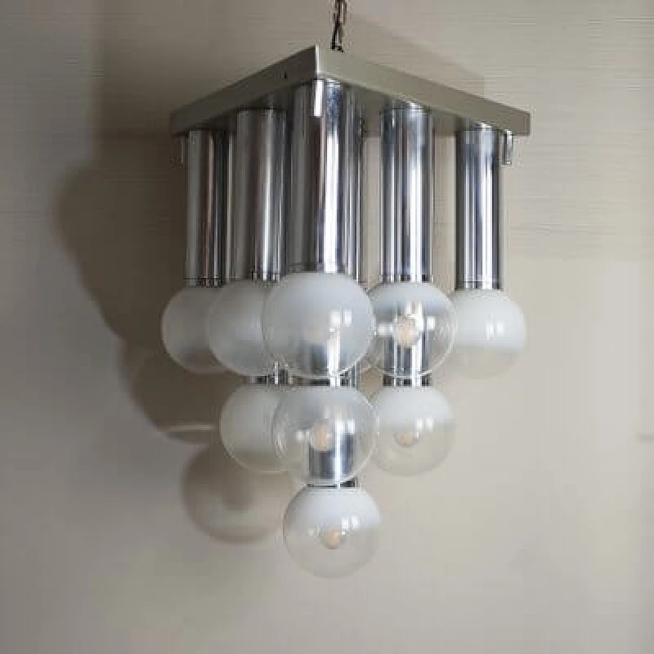Steel and satin glass chandelier, 1970s 1407450