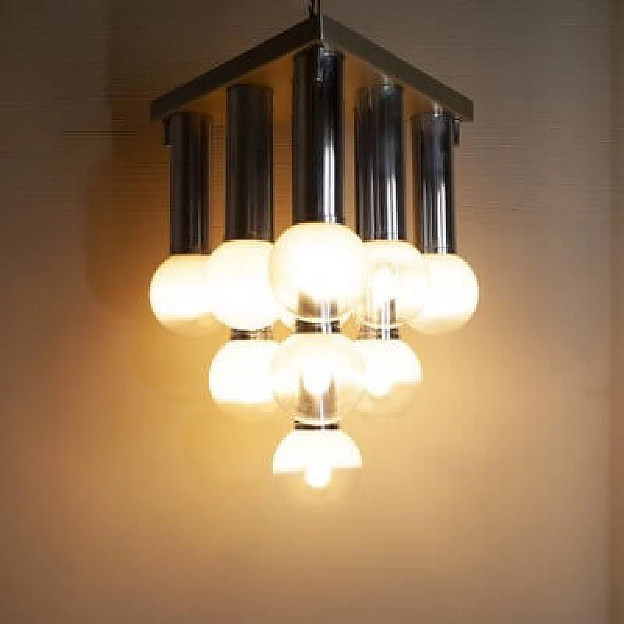 Steel and satin glass chandelier, 1970s 1407454