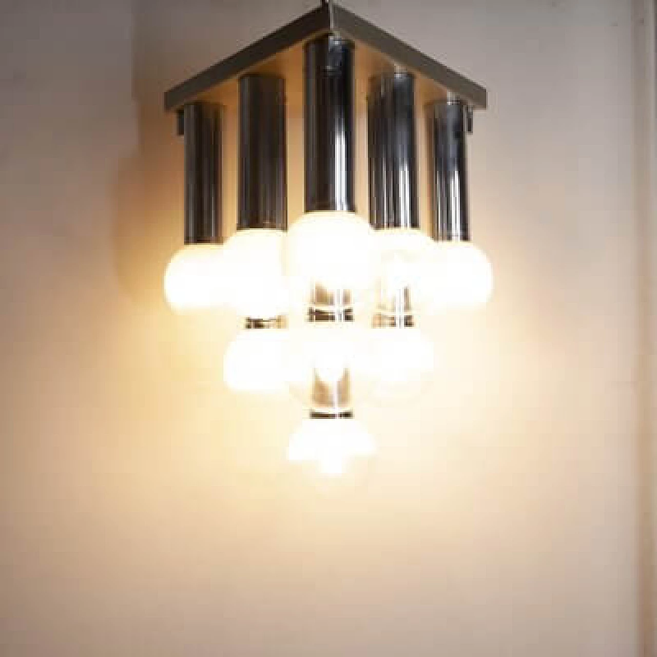 Steel and satin glass chandelier, 1970s 1407458