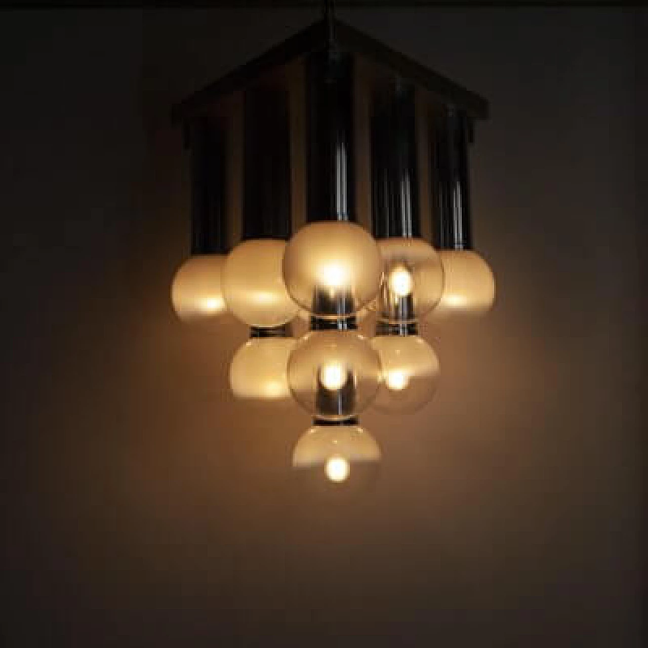 Steel and satin glass chandelier, 1970s 1407462