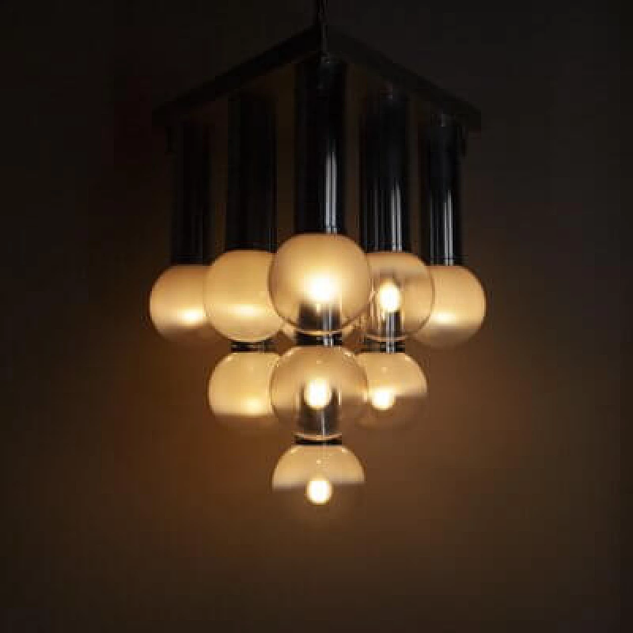 Steel and satin glass chandelier, 1970s 1407465