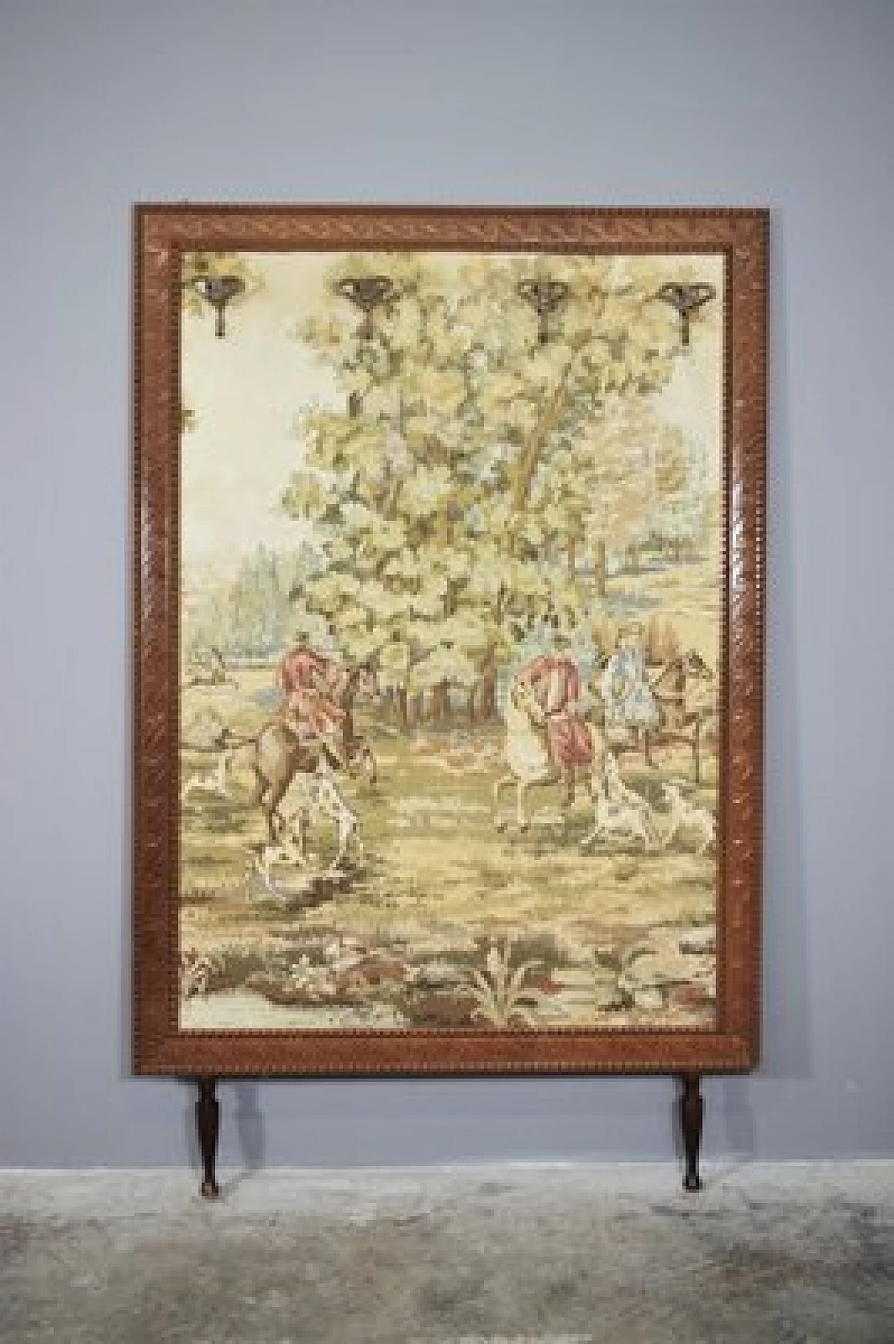Arazzo con cornice in legno e grucce appendiabiti in ottone, anni '60 1407574