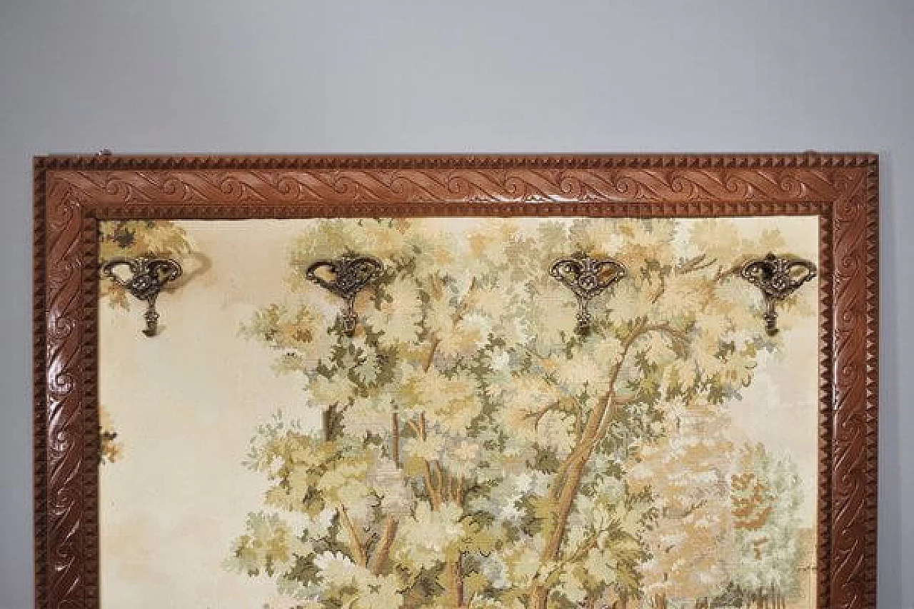Arazzo con cornice in legno e grucce appendiabiti in ottone, anni '60 1407582