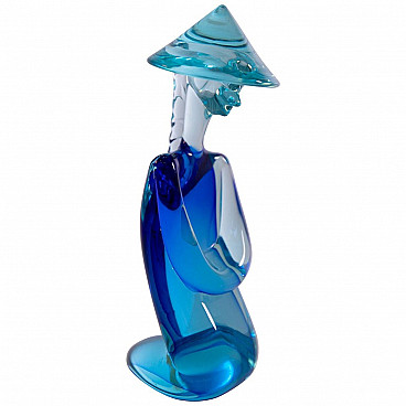 Sculpture of a Chinese man in blue Murano glass by Archimede Seguso, 1960s