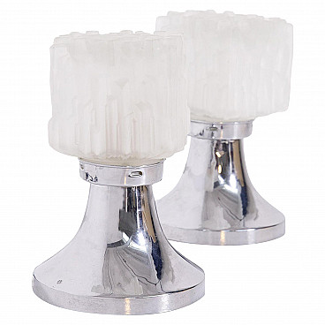 Pair of table lamps by Sciolari in frosted glass and chrome-plated metal, 1970s