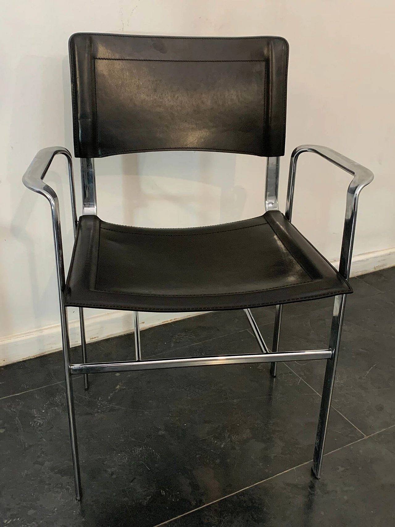 Coppia di poltroncine di Cidue in acciaio e cuoio, anni '70 1408665