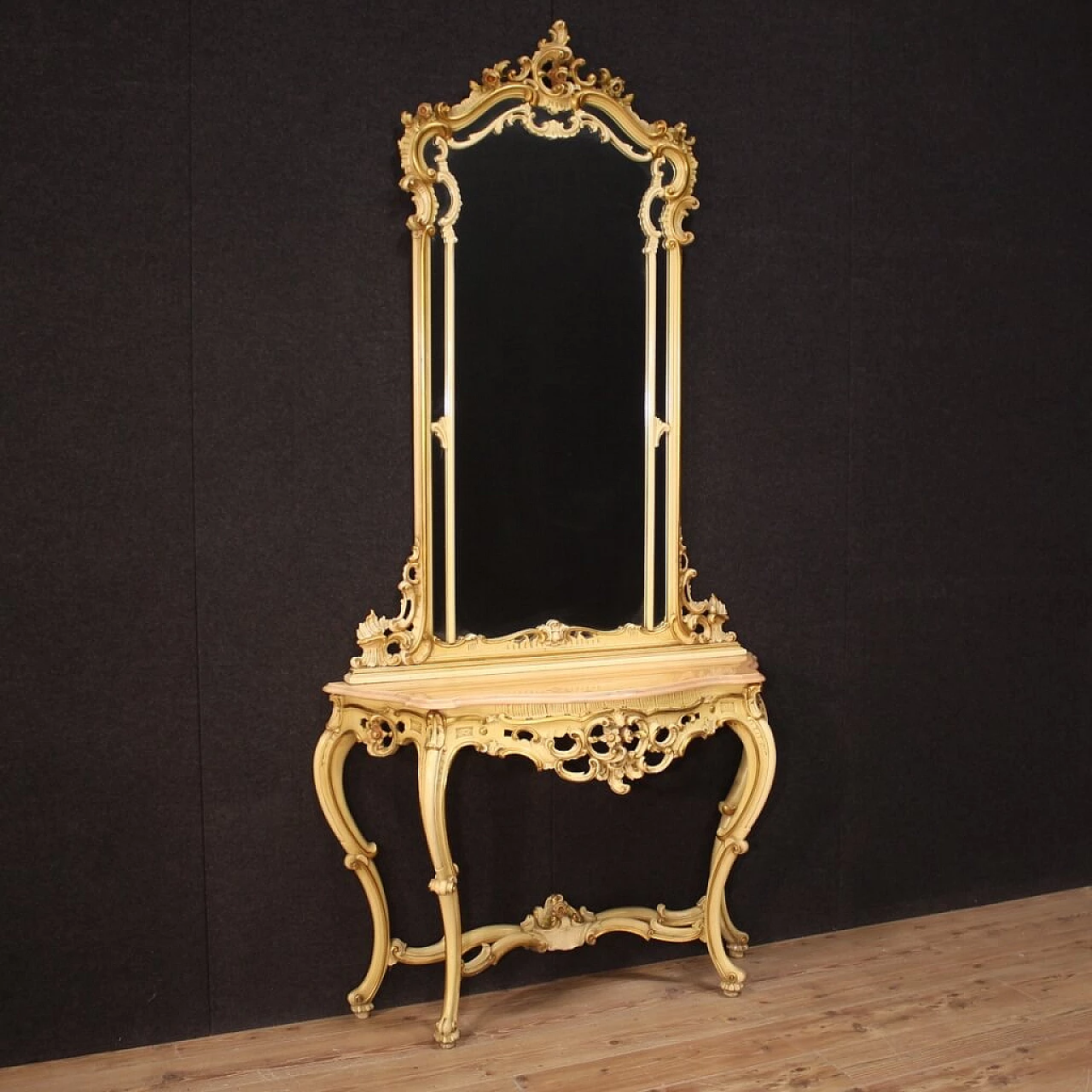 Console with gilded lacquered mirror in Louis XV style, 20th century 1408734