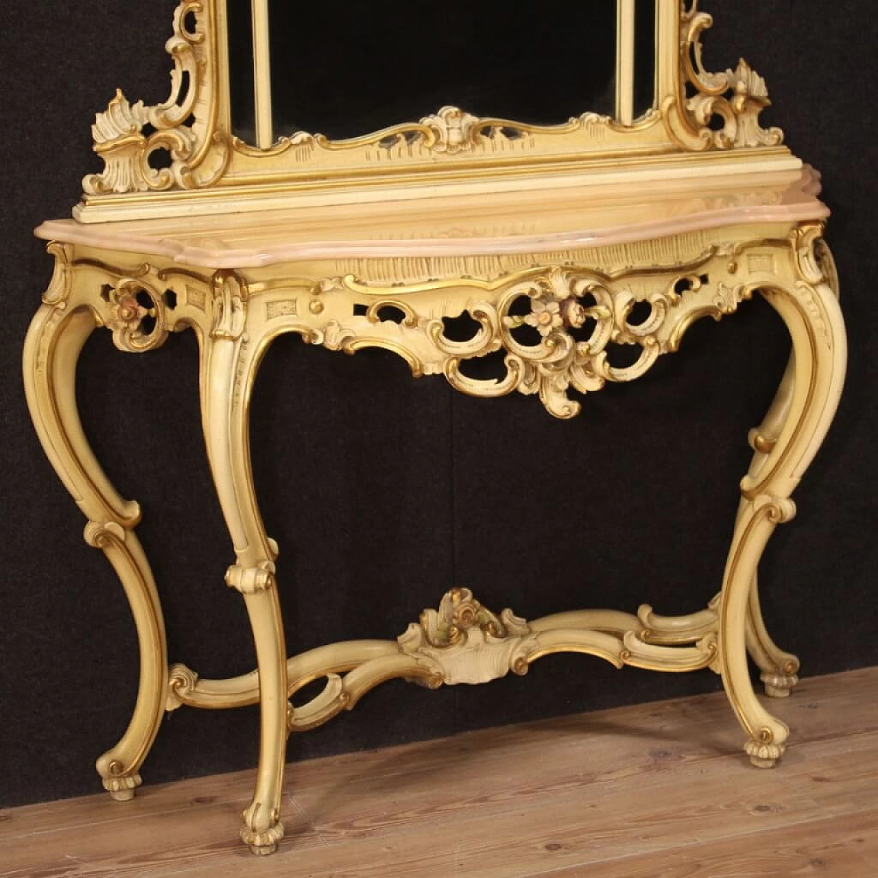 Console with gilded lacquered mirror in Louis XV style, 20th century 1408736