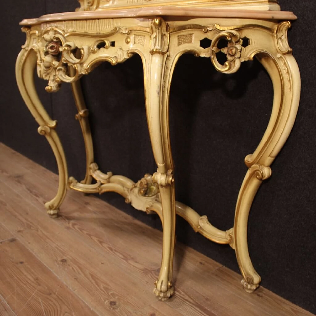 Console con specchiera laccata dorata in stile Luigi XV, del '900 1408740