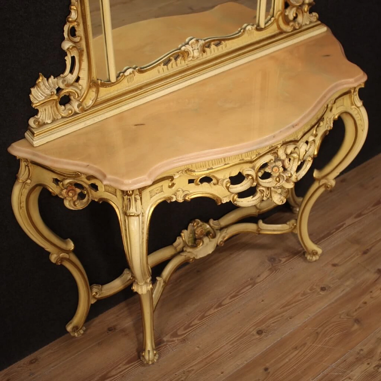 Console with gilded lacquered mirror in Louis XV style, 20th century 1408742