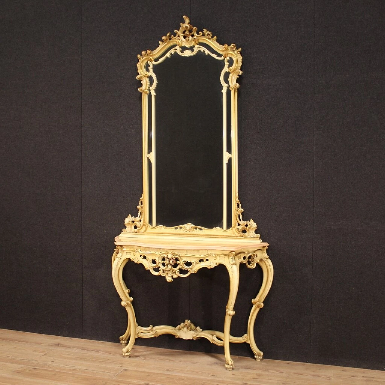 Console with gilded lacquered mirror in Louis XV style, 20th century 1408743
