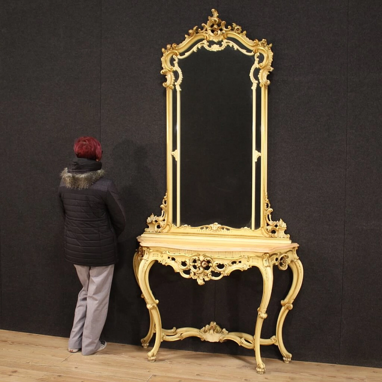 Console with gilded lacquered mirror in Louis XV style, 20th century 1408744