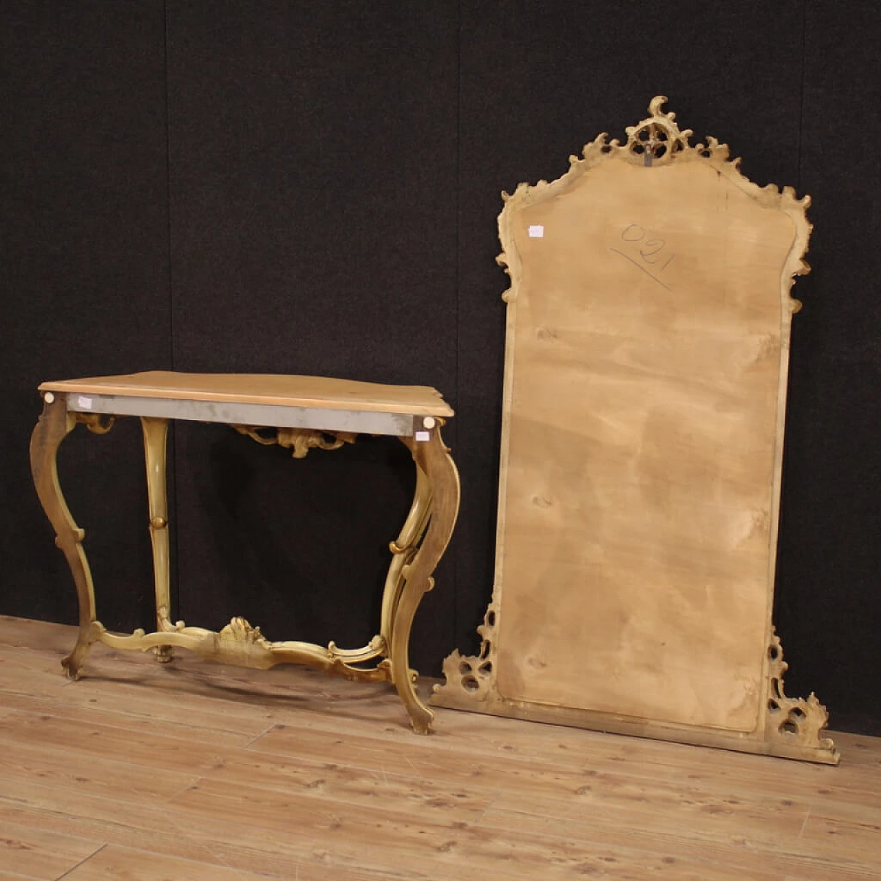 Console with gilded lacquered mirror in Louis XV style, 20th century 1408745