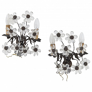 Pair of brass and crystal floral wall sconces, 19th century
