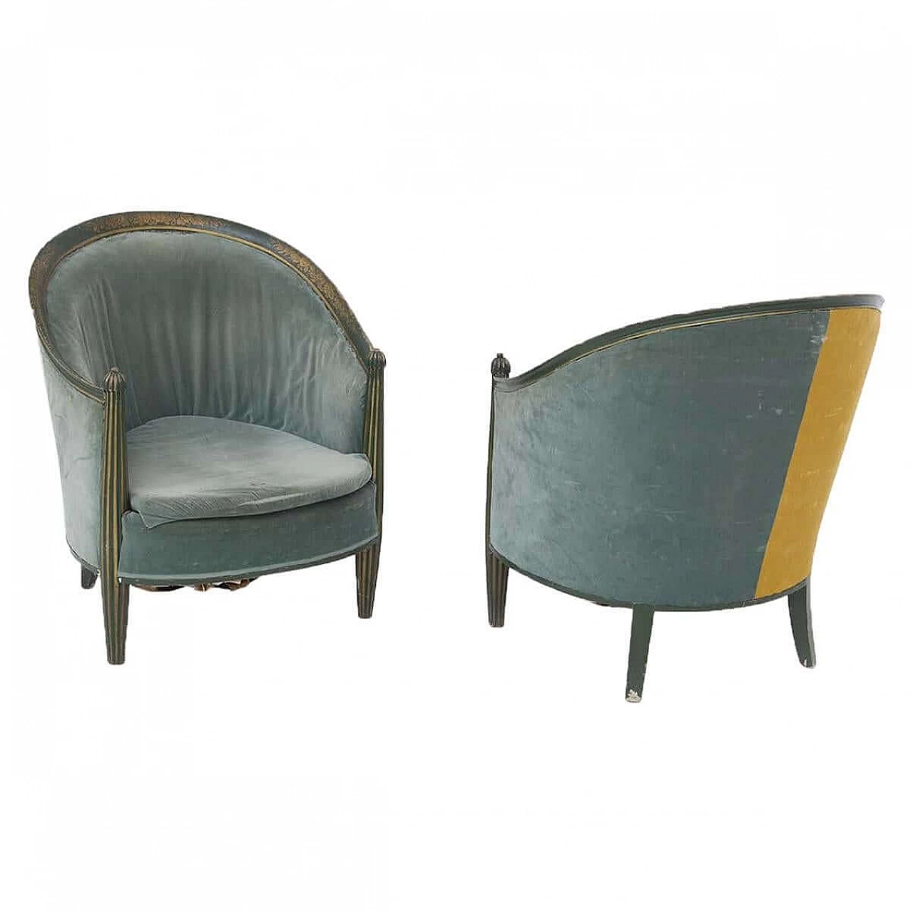 Coppia di poltrone in velluto verde e giallo, del '900 1408817
