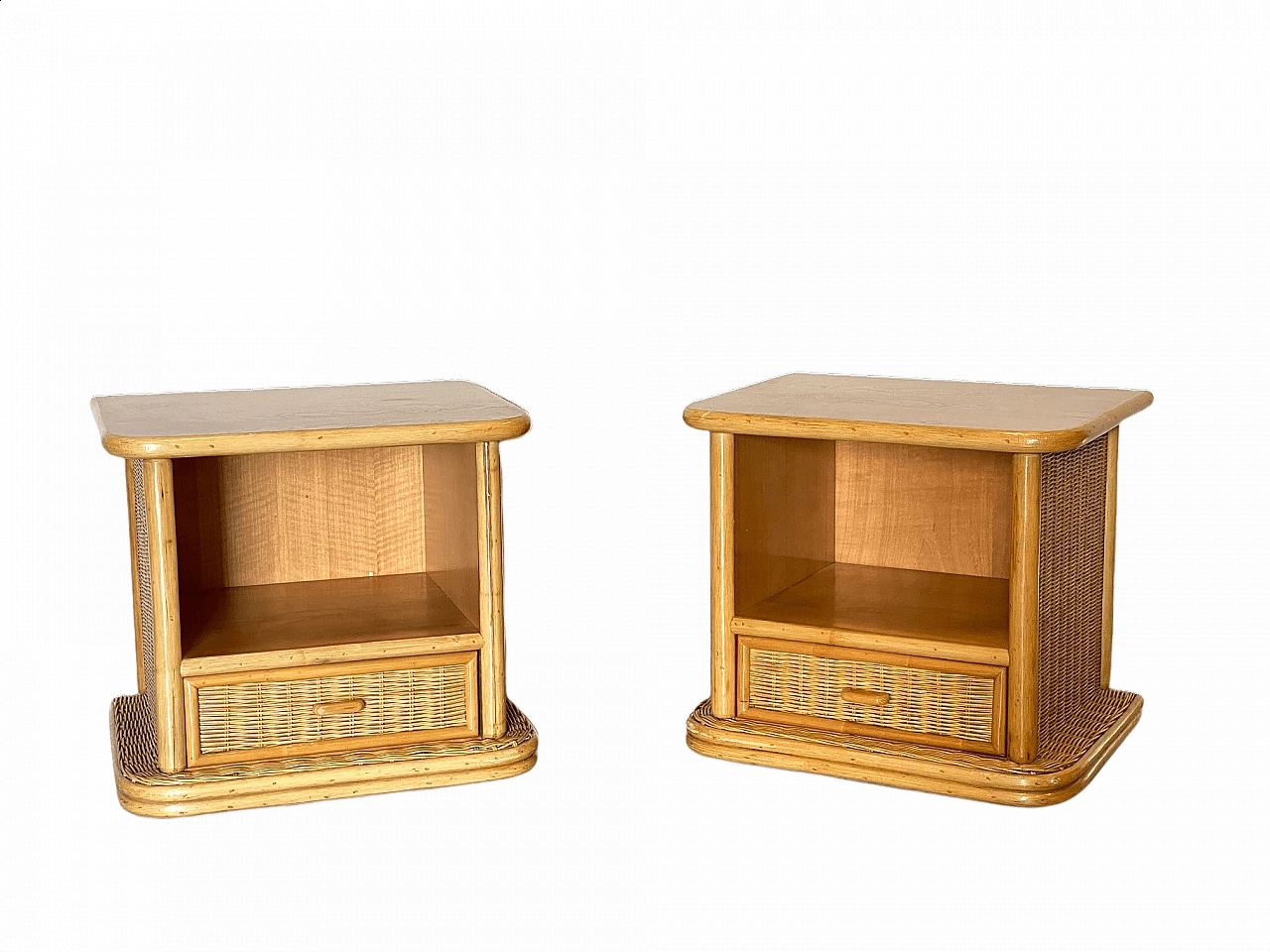 Pair of bedside tables in wicker and bamboo, 80s 1409866