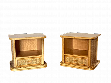 Pair of bedside tables in wicker and bamboo, 80s
