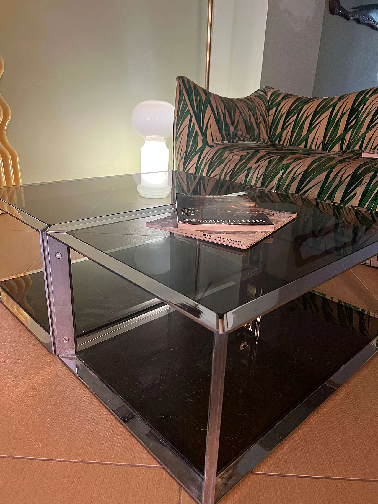 Pair of coffee tables in steel and glass, 1970s 1410191
