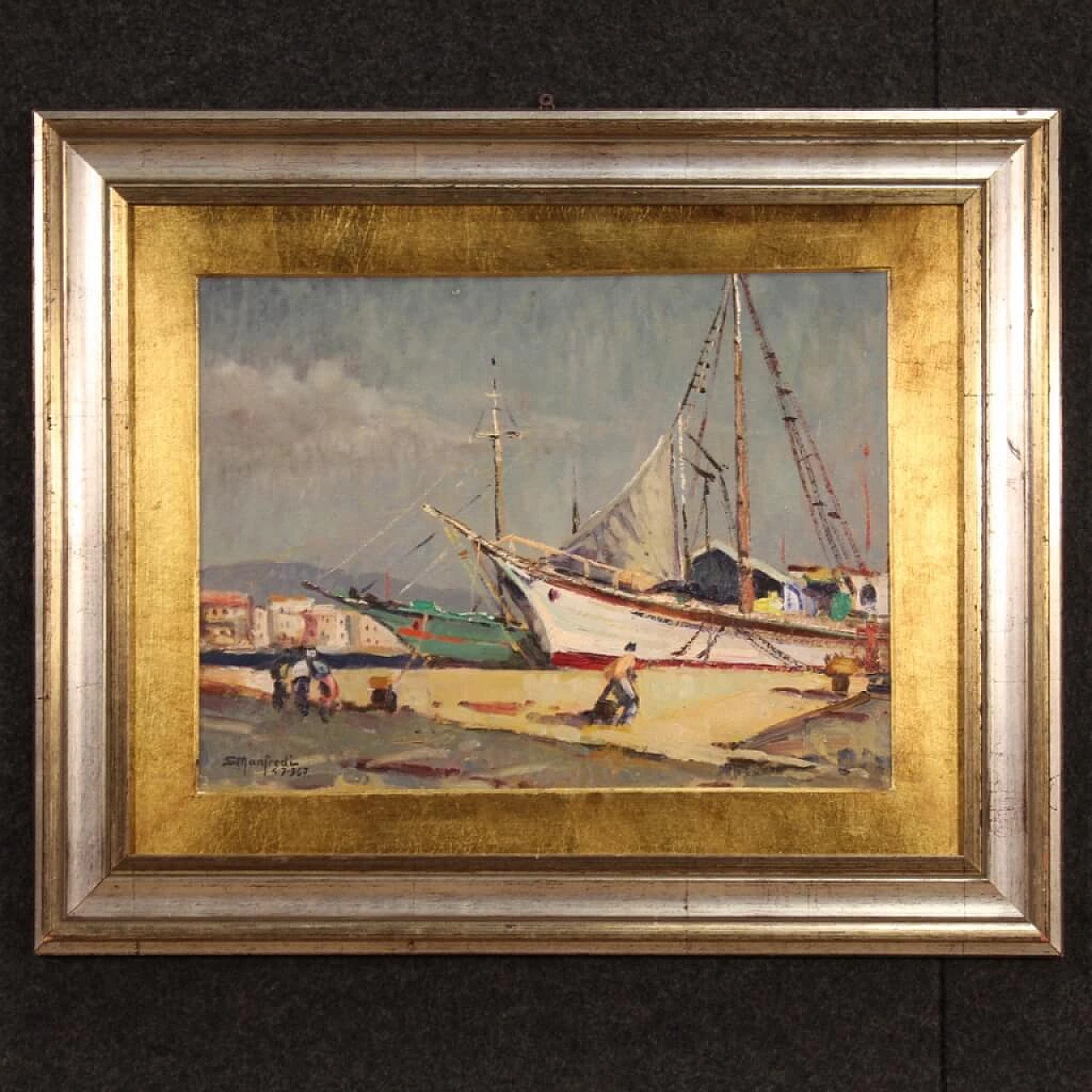 Dipinto ad olio su tavoletta di paesaggio marittimo, anni '60 1412222