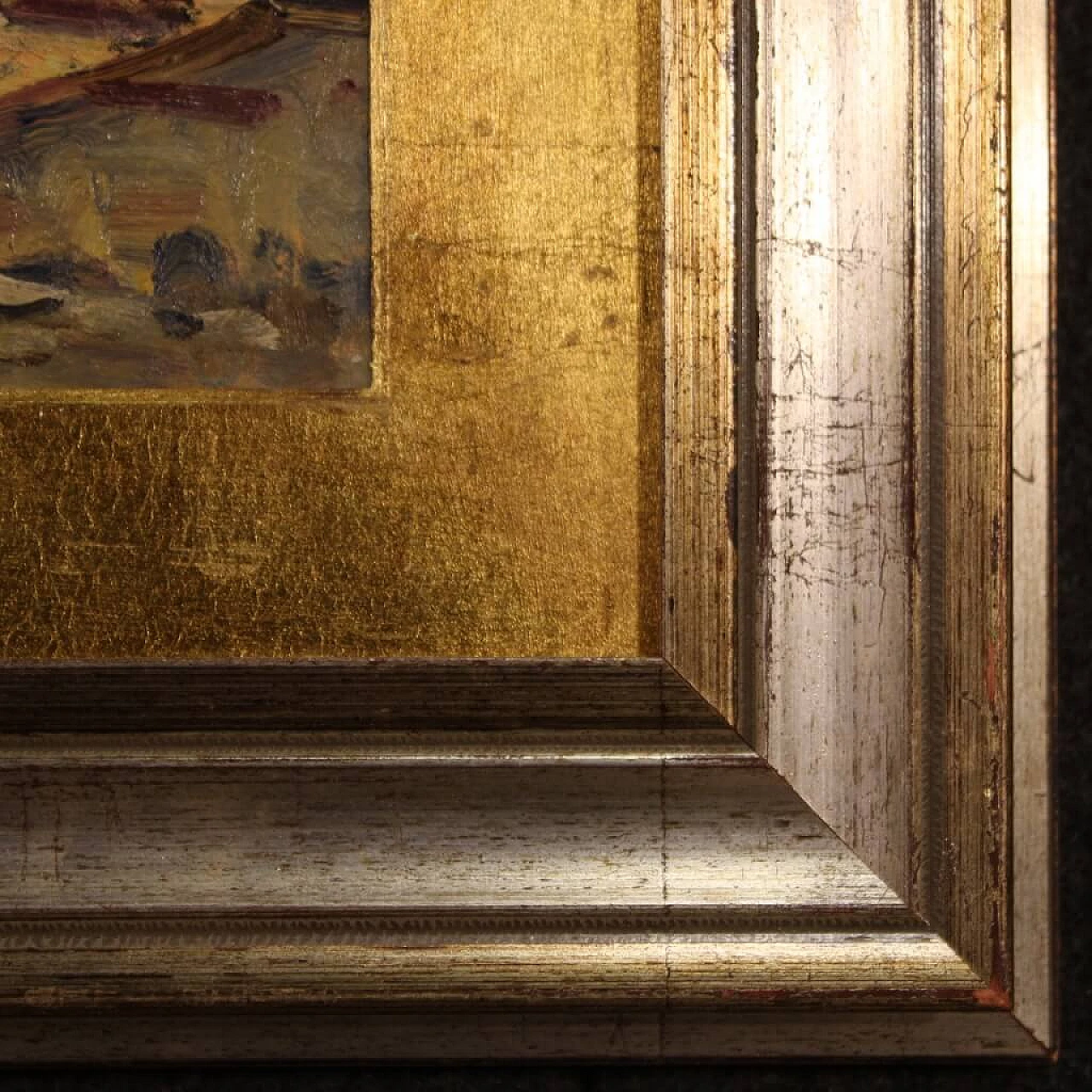 Dipinto ad olio su tavoletta di paesaggio marittimo, anni '60 1412226