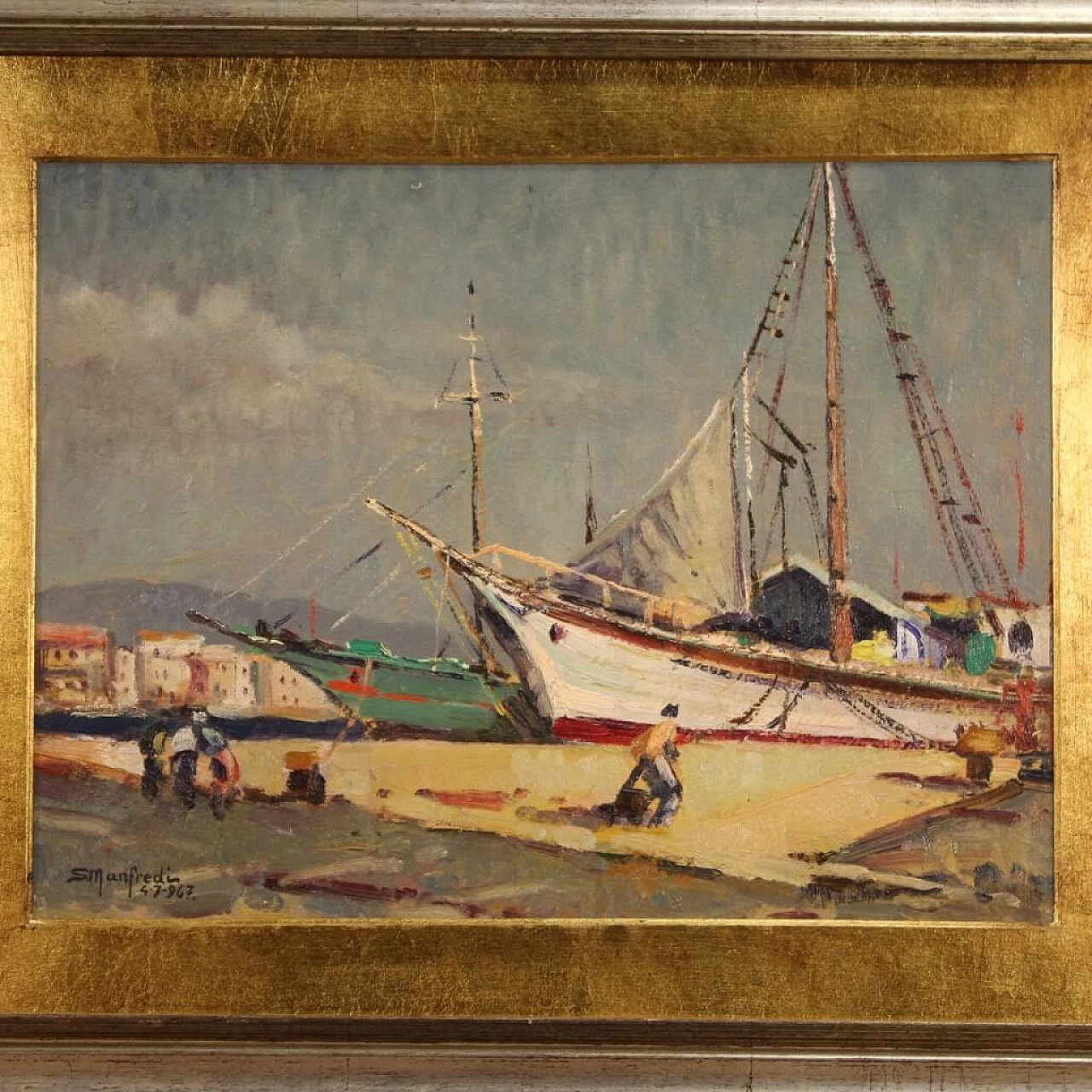 Dipinto ad olio su tavoletta di paesaggio marittimo, anni '60 1412231