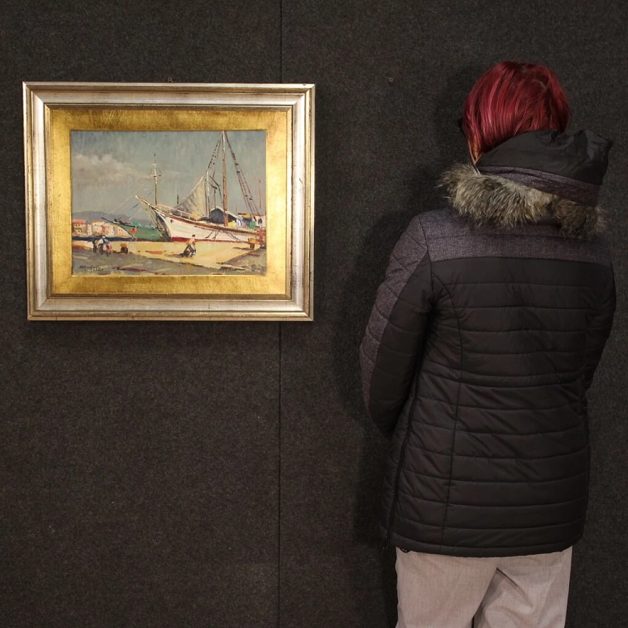 Dipinto ad olio su tavoletta di paesaggio marittimo, anni '60 1412233