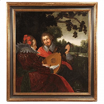 Musicians and hunting scene, Flemish oil painting, 17th century