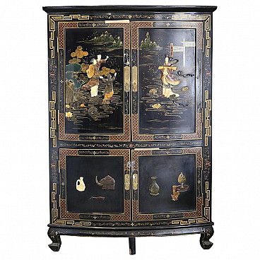 Chinese corner cabinet in black lacquer and stained soapstone, 20th century