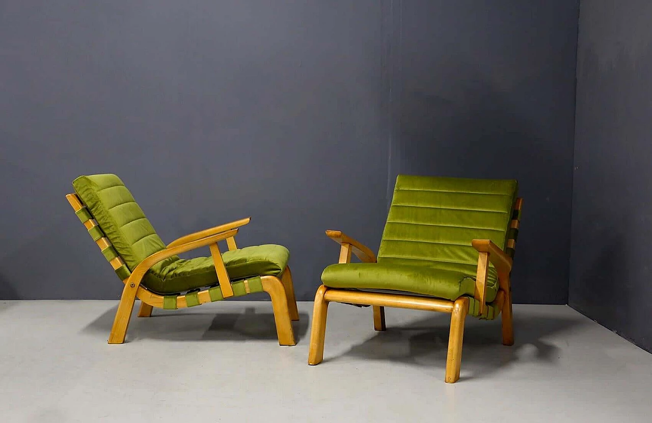 Pair of armchairs by Gustavo Pulitzer and Giorgio Lacht in wood and green velvet, 1930s 1412876