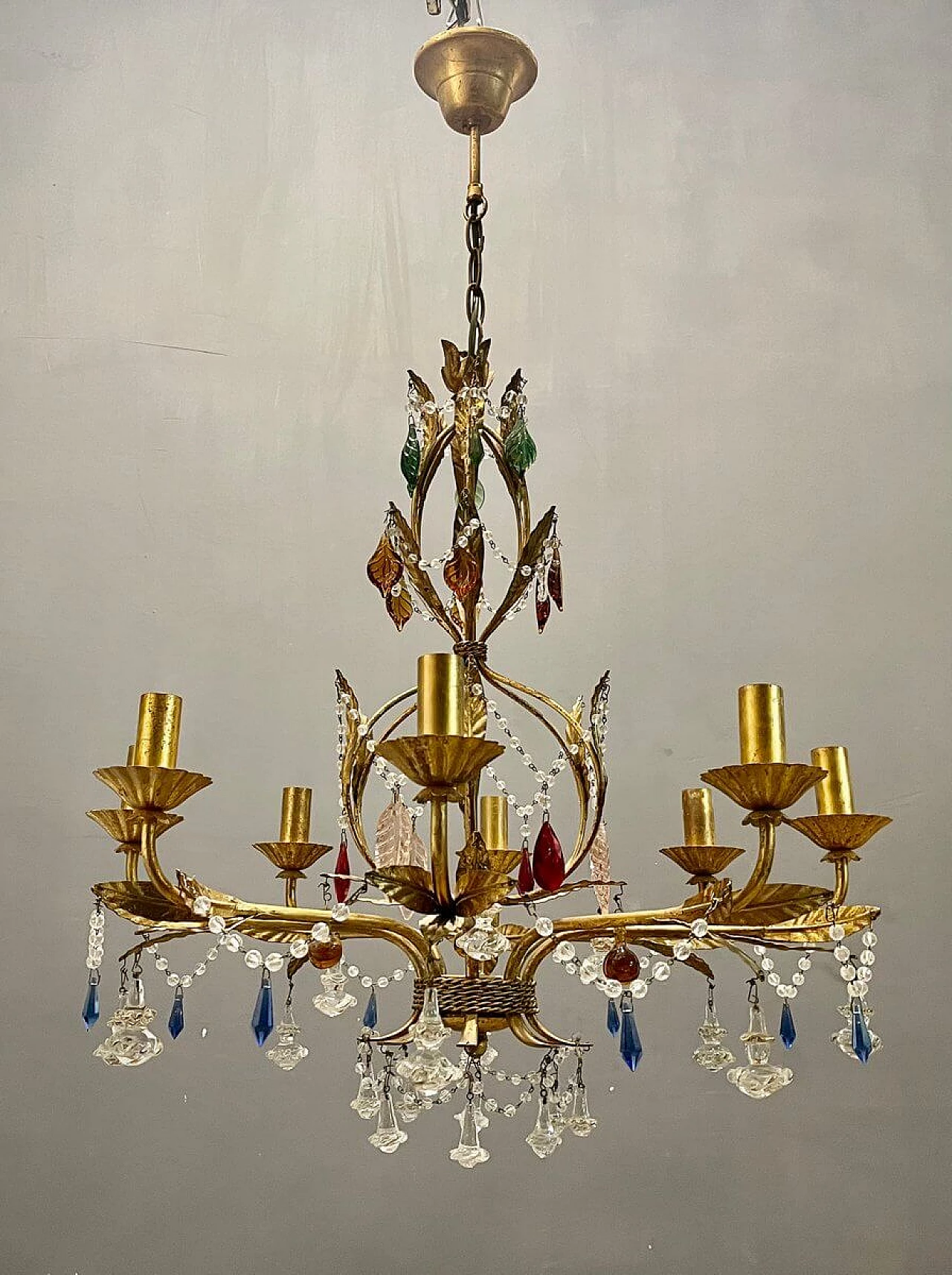 Lampadario di vetro di Murano dorato in oro fiorentino, anni '60 1412925