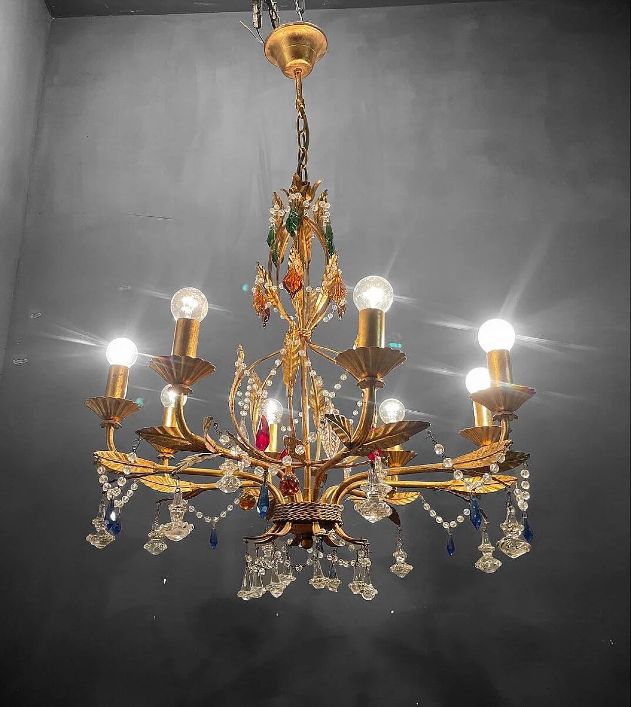 Lampadario di vetro di Murano dorato in oro fiorentino, anni '60 1412926