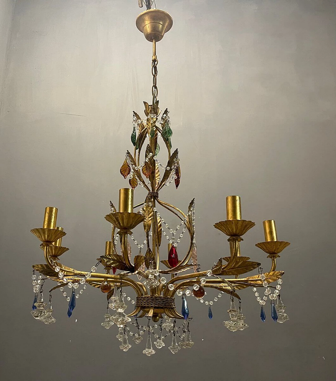 Lampadario di vetro di Murano dorato in oro fiorentino, anni '60 1412927