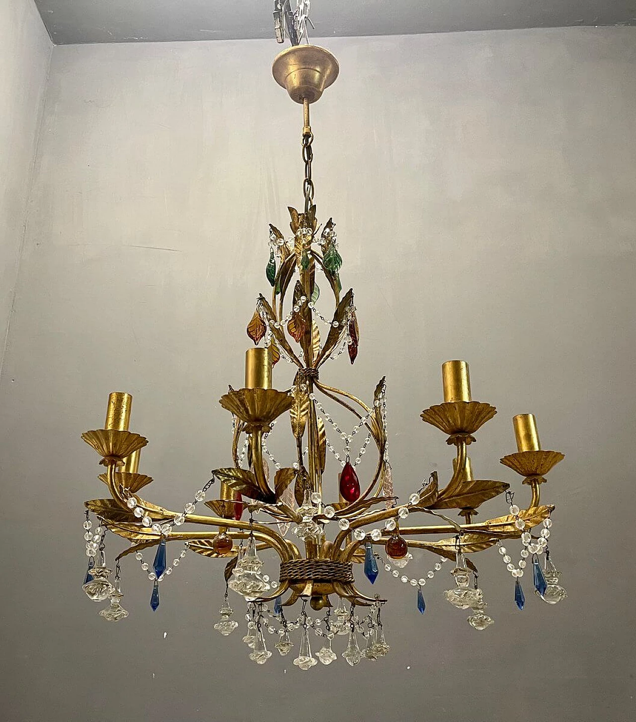 Lampadario di vetro di Murano dorato in oro fiorentino, anni '60 1412928
