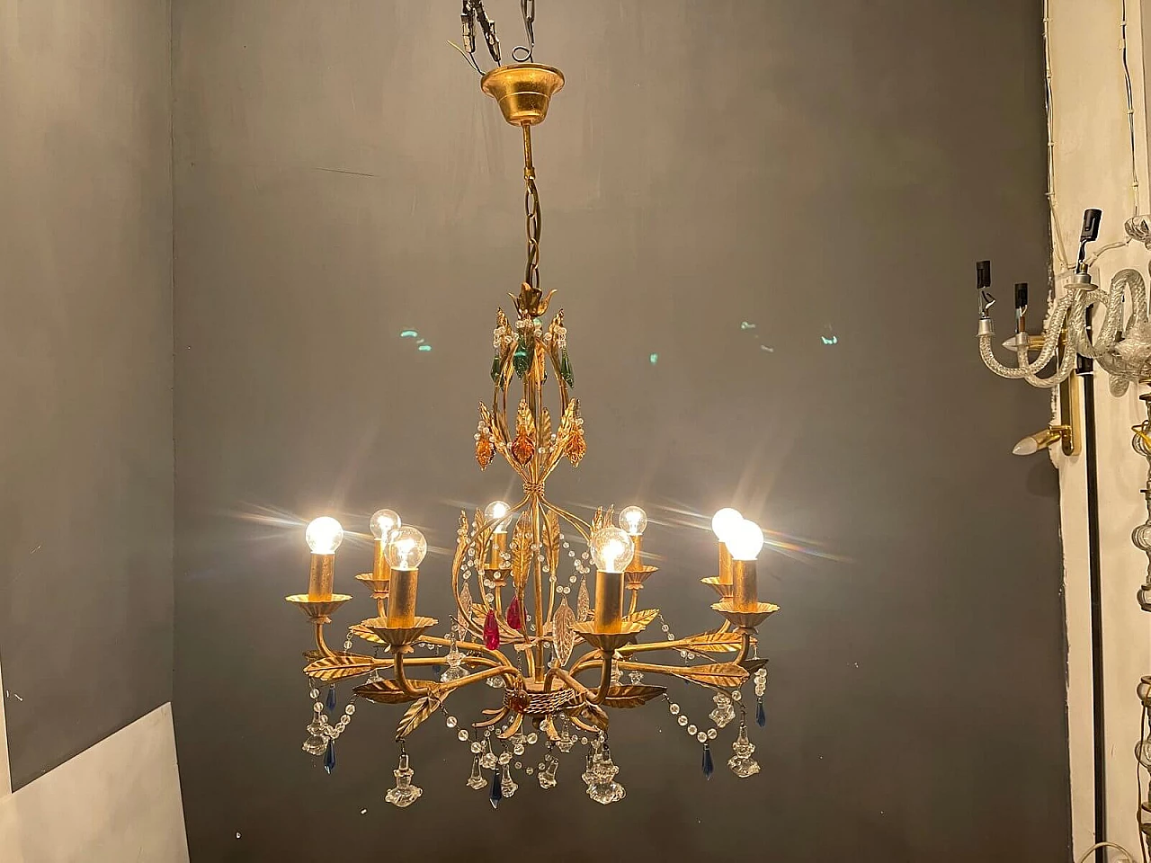 Lampadario di vetro di Murano dorato in oro fiorentino, anni '60 1412929