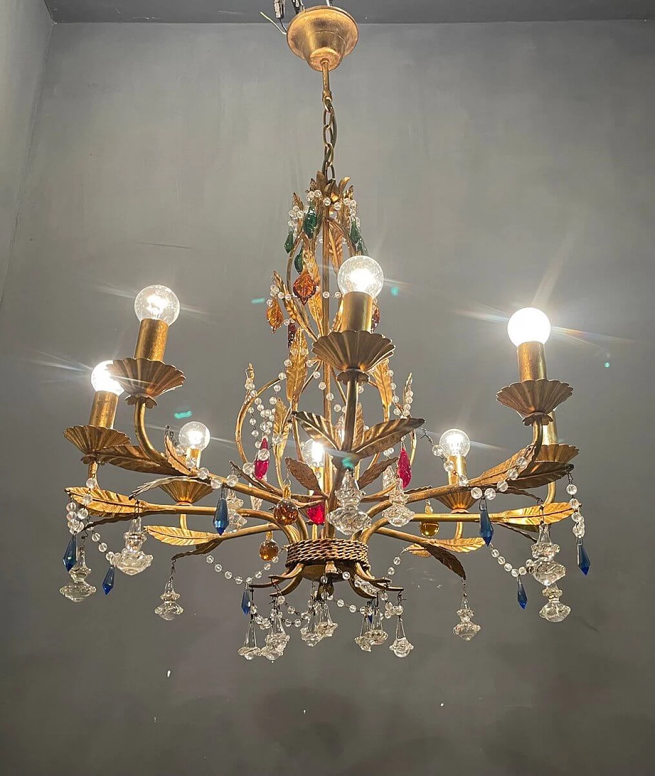 Lampadario di vetro di Murano dorato in oro fiorentino, anni '60 1412931