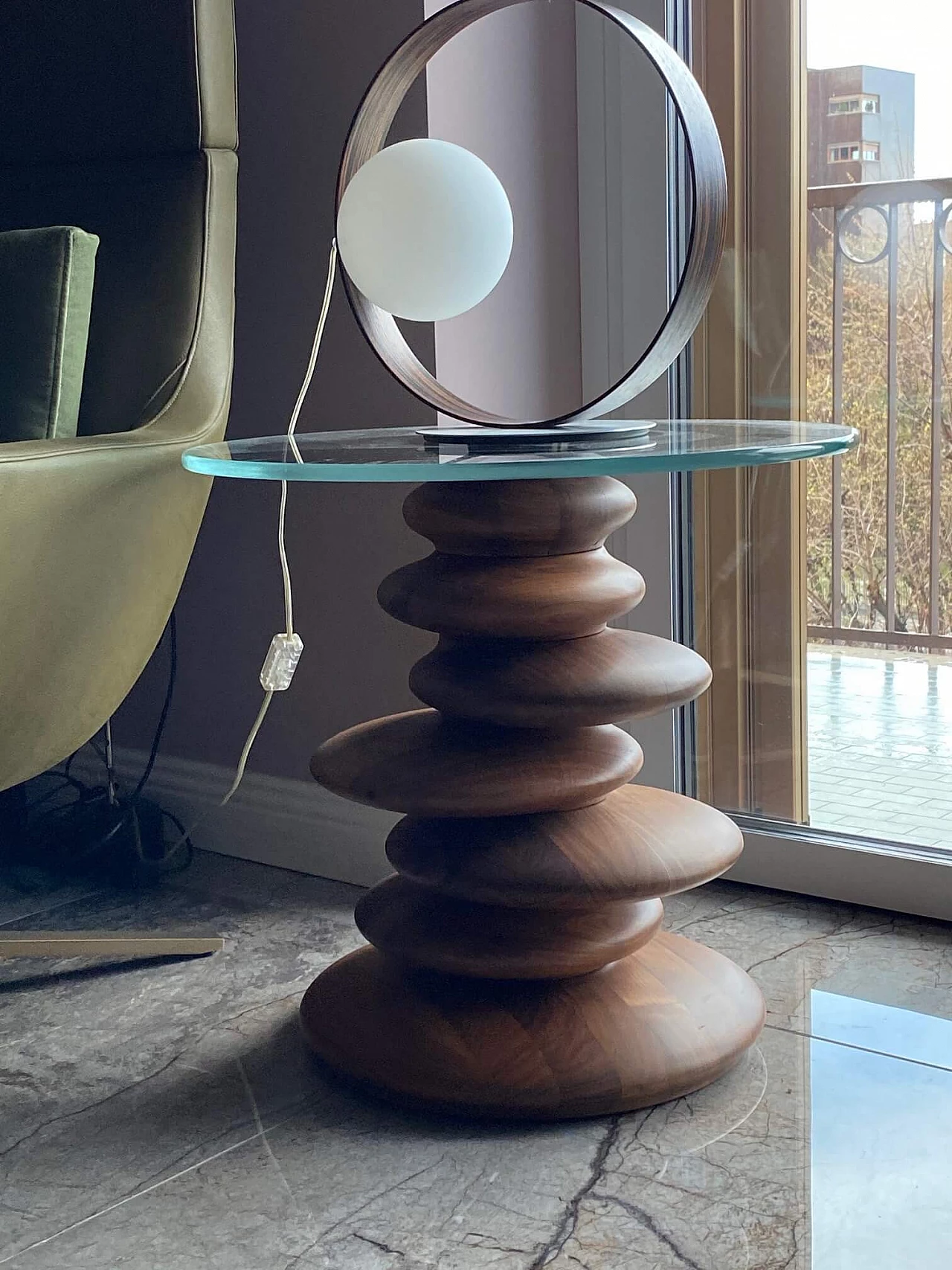 Tavolo da soggiorno rotondo in legno e cristallo 1425497