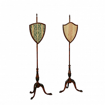 Pair of pole screen with embroidered fabric, 19th century