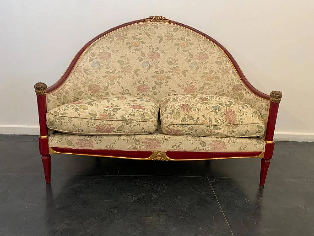 Art Deco red lacquered sofa with carved details, 1930s 1444126