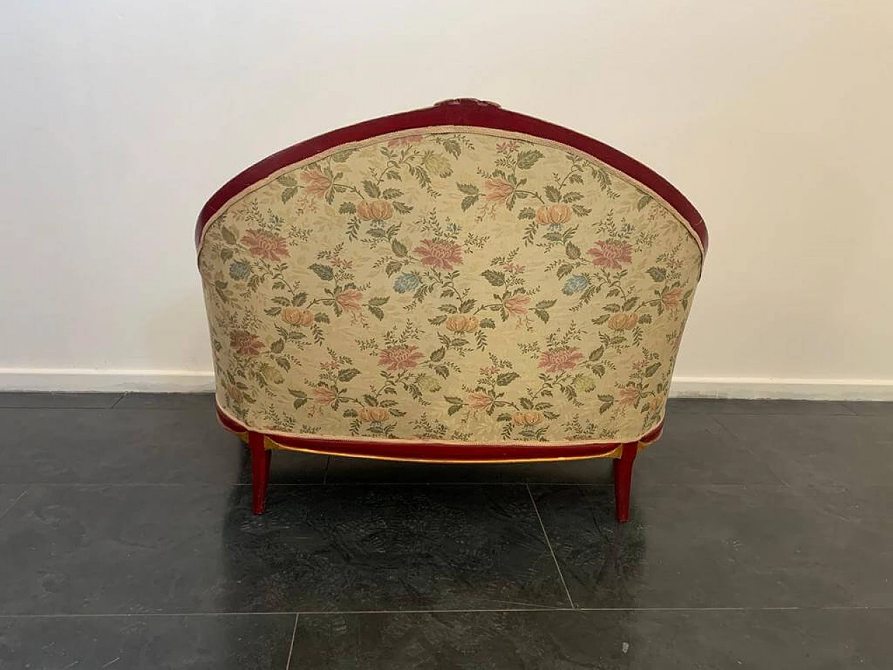 Art Deco red lacquered sofa with carved details, 1930s 1444128