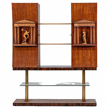 Bookcase with Barberis Felice statues in wood and crystal, 1950s
